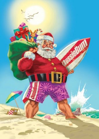 Australian Beach Santa with surfboard.