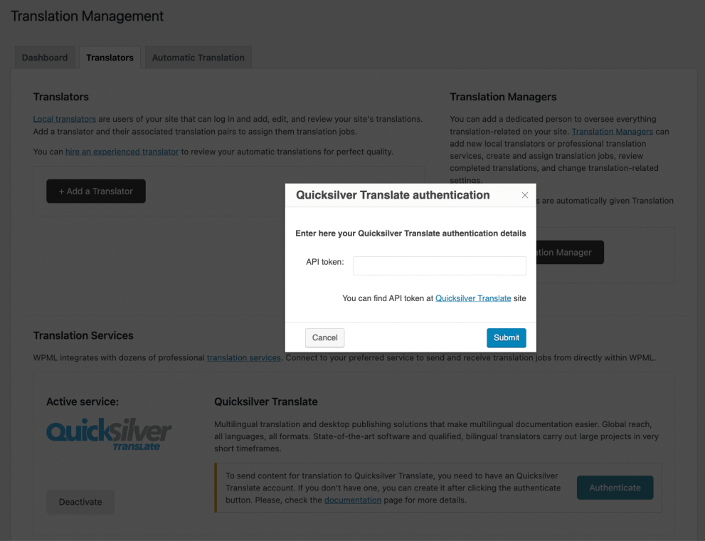 wpml quicksilver translate authentication