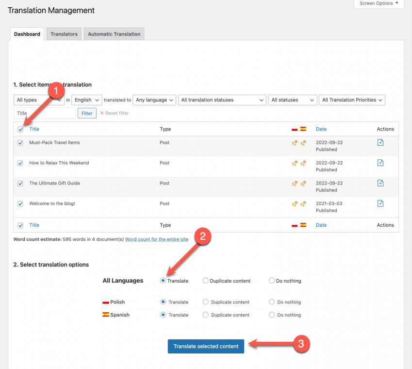 wpml quicksilver translation management selecting content for translation